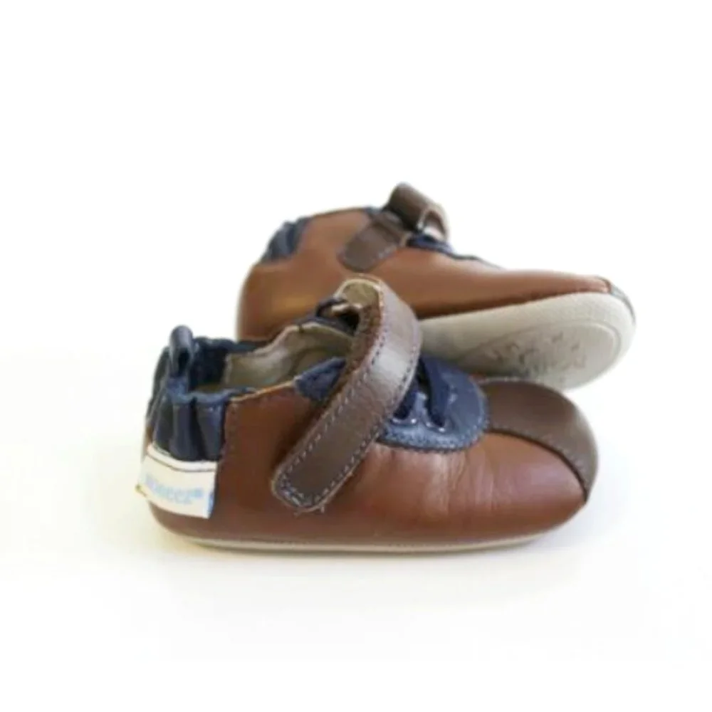 Robeez Brown Navy Leather Crib Shoes Infant Size 2